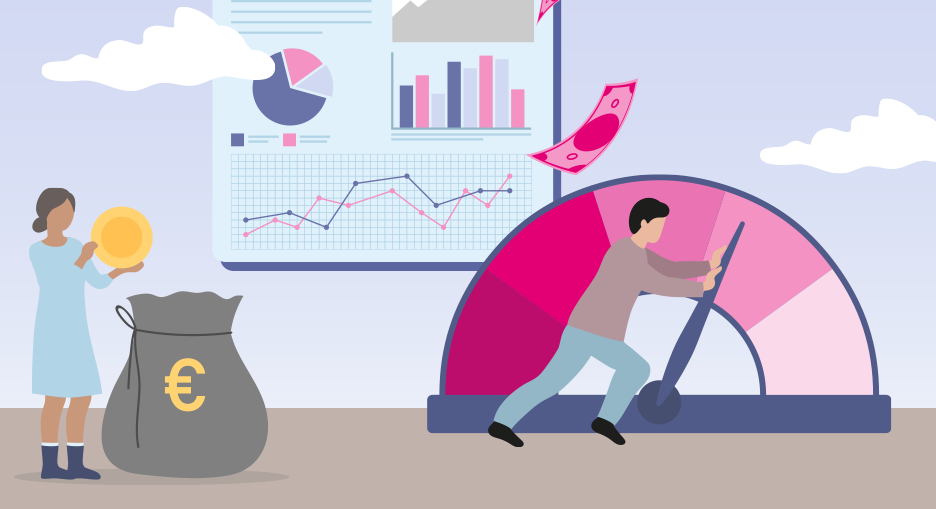 Eine Illustration mit zwei Personen, Geld, Diagrammen und Messanzeige.