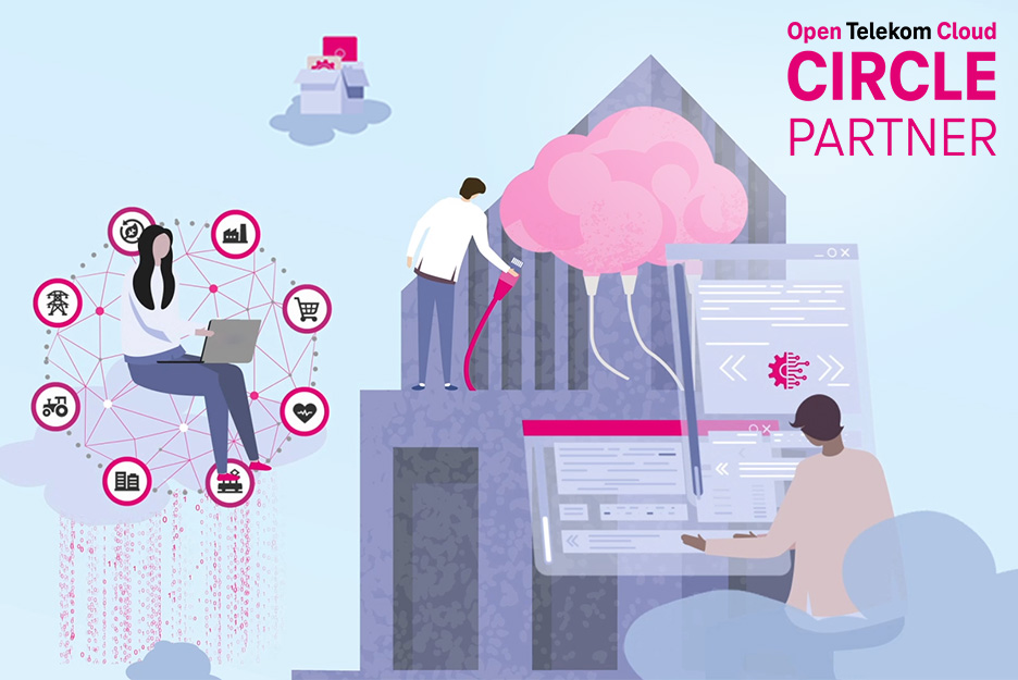 Illustration von Personen auf Wolken, die sich auf verschiedene Weisen mit der T Cloud Public verbinden