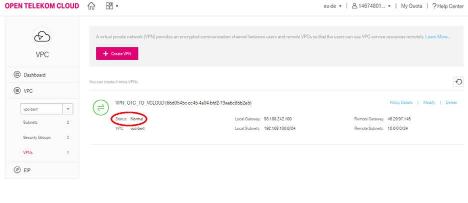 Screenshot zeigt die T Cloud Public Oberfläche mit den Status Normal für ein VPN.