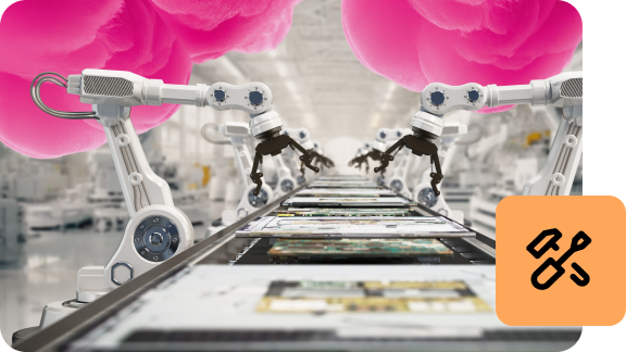 Robotic arms working on an industrial production line. Above the manufacturing facility, clouds are depicted in magenta; on the right is a tool icon.