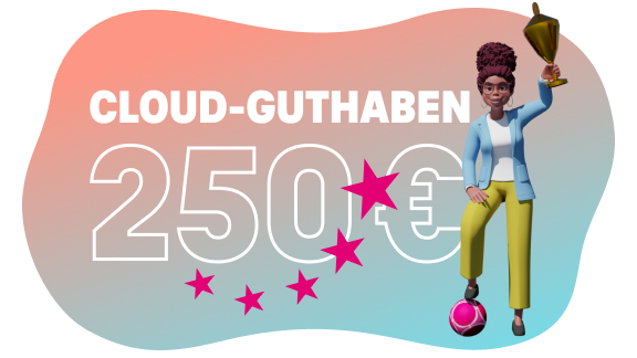 250 Euro Startguthaben Illustration einer Figur mit Pokal und Fußball vor dem Schriftzug ‚Cloud-Guthaben 250 €‘ auf farbigem Hintergrund als Symbol für Startguthaben und Cloud-Angebote