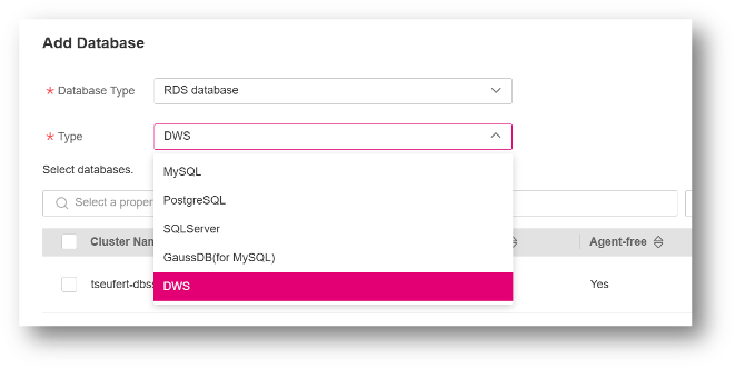 View of the “Add Database” menu with an expanded dropdown for selecting the database type.