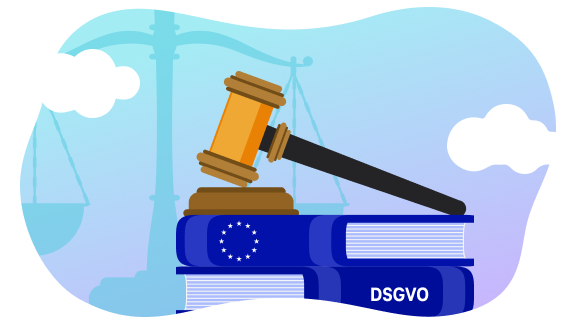 Illustration eines Hammers auf Gesetzbüchern mit EU-Sternen und der Aufschrift „DSGVO“. Im Hintergrund stehen eine Waage und Wolken für Datenschutz, Rechtssicherheit und souveräne Cloud-Nutzung in Europa.