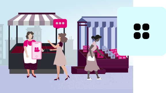 Illustration of a marketplace with vendor booths and several people. One person is holding a mobile device, while others are shopping or talking to each other.