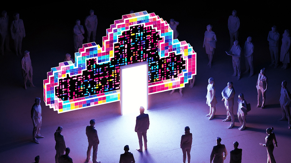 People gather in front of a glowing portal shaped like a colorful cloud – a symbolic representation of digital transformation and the boundless possibilities of cloud technology.