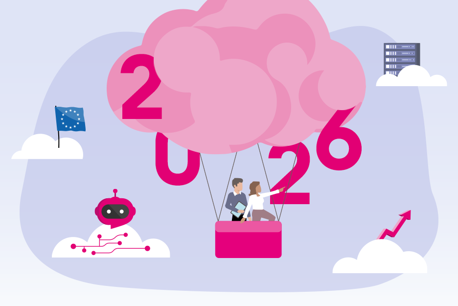 Illustration mit: Cloud-Ballon, Mann und Frau und weiteren Symbolen 