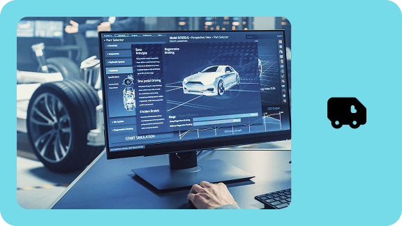 Computer monitor displaying a digital vehicle model in front of a car in a workshop or development environment. The image represents cloud architecture and digital vehicle development.