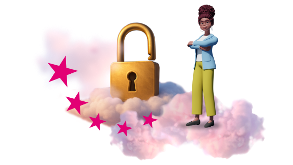 lllustration einer Person auf einer Wolke neben einem goldenen Vorhängeschloss. Magenta Sterne und Wolken sind um das Schloss angeordnet und symbolisieren Cloud-Sicherheit und digitale Souveränität aus Europa.