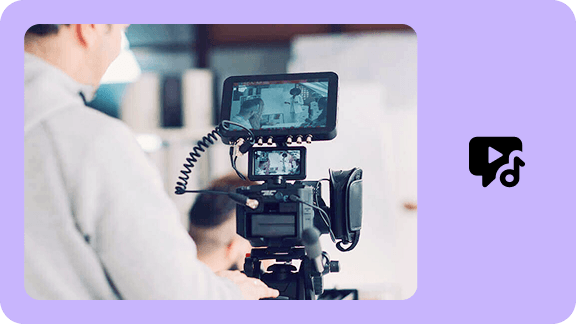 Video camera with a monitor during a recording in a studio or indoor setting. The image represents media production, streaming, and cloud-based workflows.