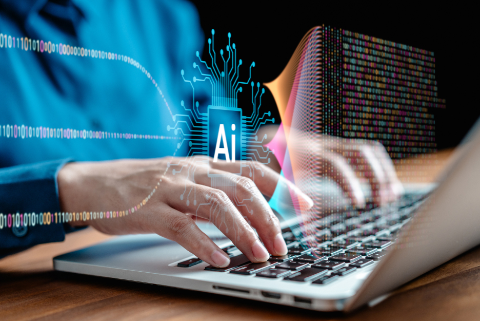 KI Cloud Souverän Europa T Cloud Public Blog Teaser Nahaufnahme von Händen auf einer Laptop-Tastatur. Darüber sind grafische Elemente mit der Aufschrift „AI“, Schaltkreise und Datenströme eingeblendet, die eine moderne Cloud-Architektur und AI-Anwendungen in der Cloud symbolisieren.