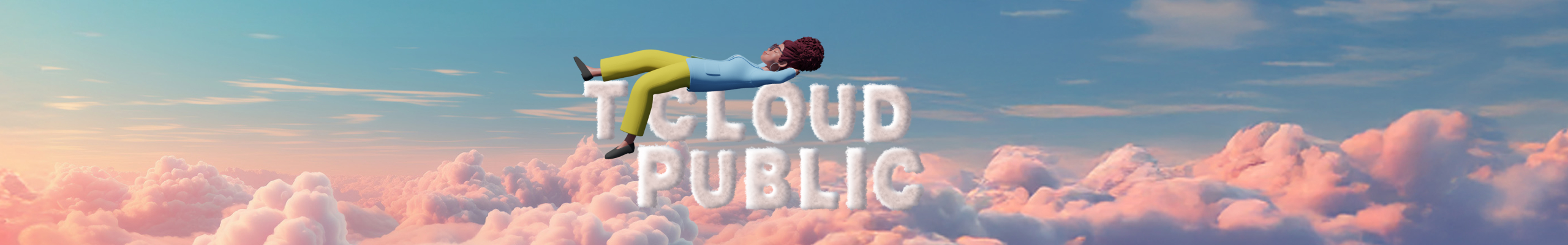 Frau liegt auf Wolkenbuchstaben, die das Wort "T Cloud Public" bilden. Umgeben ist sie von einem harmonischen rosa-blauen Wolkenhimmel.