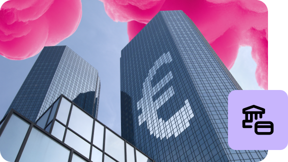 Modern office high-rises from the financial sector, shot from a frog's perspective, surrounded by clouds in magenta. On the glass façade of one building, a euro symbol is visible.