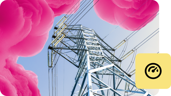 Strommast mit Hochspannungsleitungen vor blauem Himmel, umgeben von Wolken in Magenta. Rechts ist ein Tachometer-Symbol abgebildet.