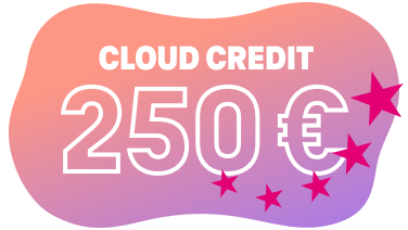 Graphic featuring the text “Cloud credit €250” on an orange, magenta, and purple gradient, with magenta stars.