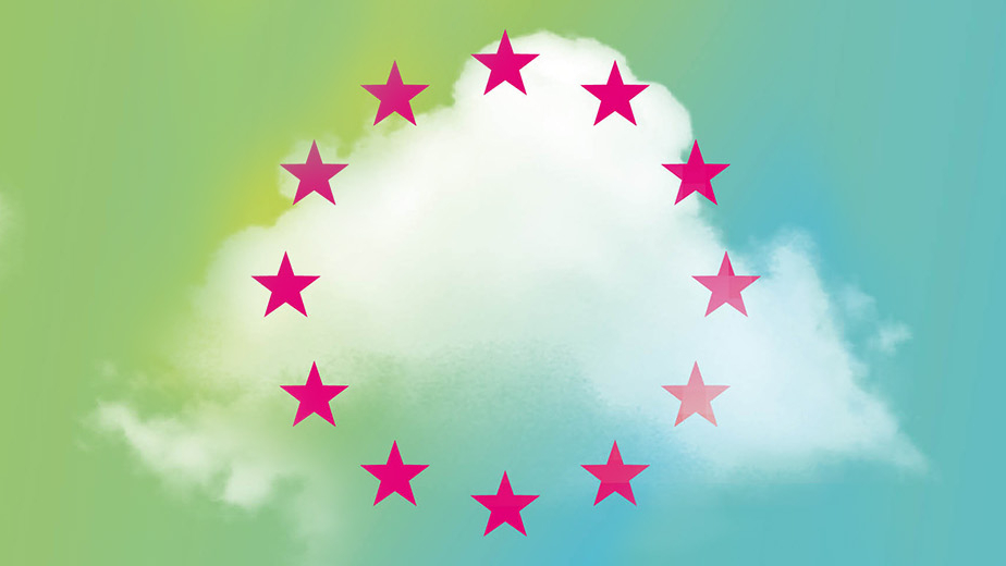White cloud on a colorful gradient background (yellow, green, blue) with magenta stars arranged in a circle, inspired by the European flag.