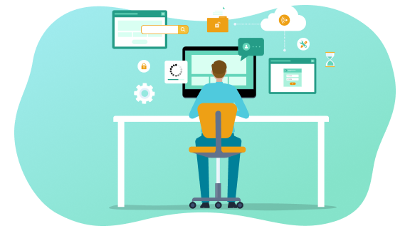 Illustration einer Person an einem Schreibtisch vor einem Computerbildschirm. Um den Bildschirm sind verschiedene Symbole und Fenster für Suche, Sicherheit, Einstellungen und digitale Anwendungen angeordnet.
