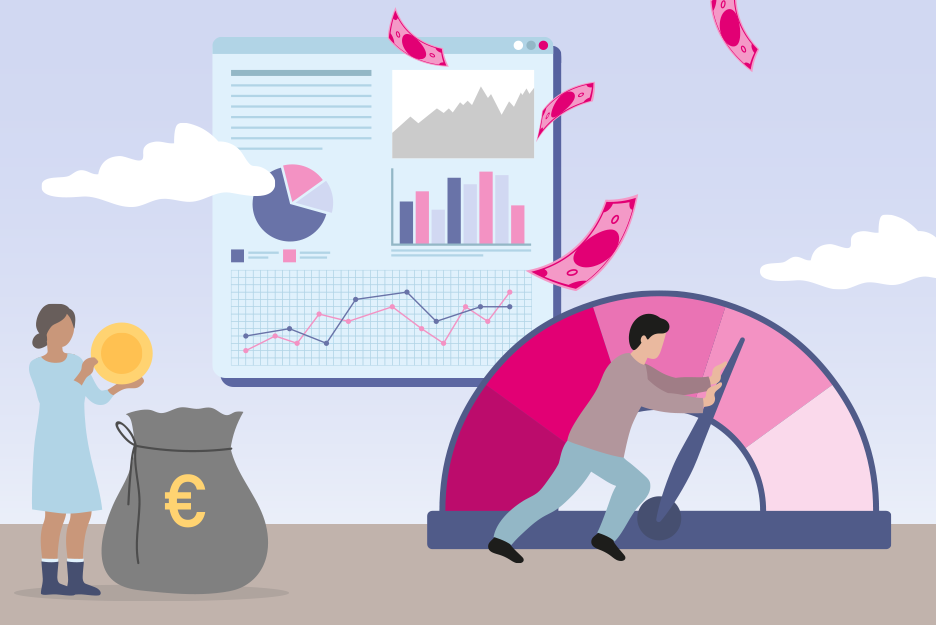 An illustration with two people, money, diagrams, and a gauge.