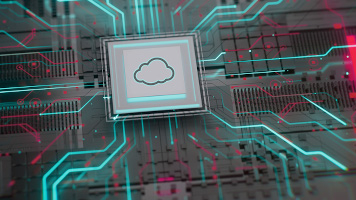 Symbolic representation of a cloud chip on a circuit board with digital data streams.