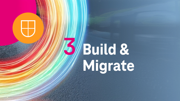Graphic labeled “3. Build & Migrate.” A colorful curved path runs through a sky with clouds. A document and cursor icon marks the third step.