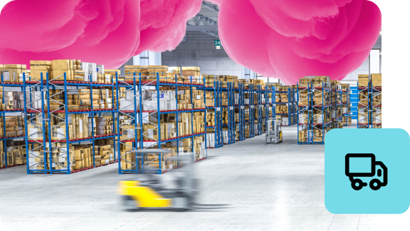 Large warehouse with storage racks and a transport vehicle