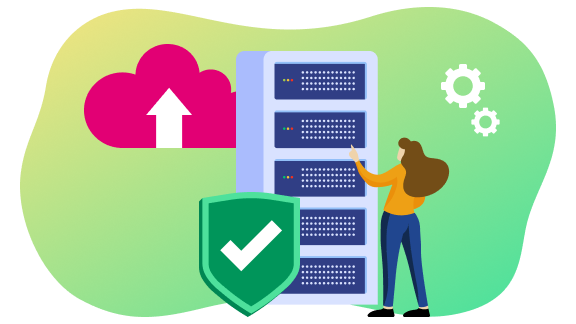 Illustration of a cloud and server system with security icons and a person managing servers. Visualizes a secure cloud operating system upgrade.
