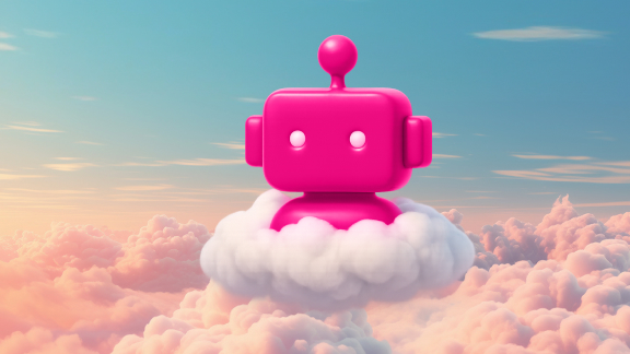 Innovaties Portfolio und Cloud-Ökosystem Abstrakter pinker Roboter auf einer Wolke über einer pastellfarbenen Himmelslandschaft als Symbol für KI- und Cloud-Technologien