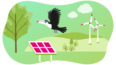 Illustration von Windrädern und Solarpanel vor einer grünen natürlichen Umgebung