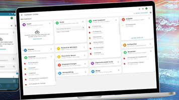Screenshot of the d.velop dashboard showing modules for import, search, scanning, favourites and document management – displayed on laptop and smartphone against a digital background