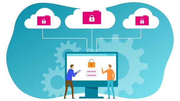 Illustration of a computer screen showing a login icon and a lock icon. Above them, several cloud icons are connected to briefcases and locks. The image represents multi-cloud security, cloud architecture, and digital sovereignty.