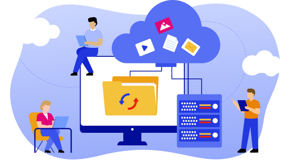 Planning complex Cloud Migration Illustration of a cloud migration with a computer, cloud, file folder, and servers. Several people use laptops and tablets to transfer and manage data.