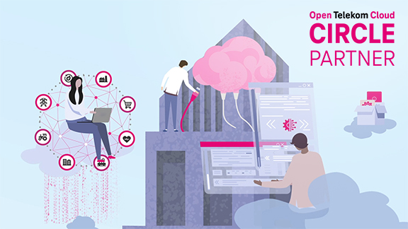 Illustration von Personen auf Wolken, die sich auf verschiedene Weisen mit der T Cloud Public verbinden