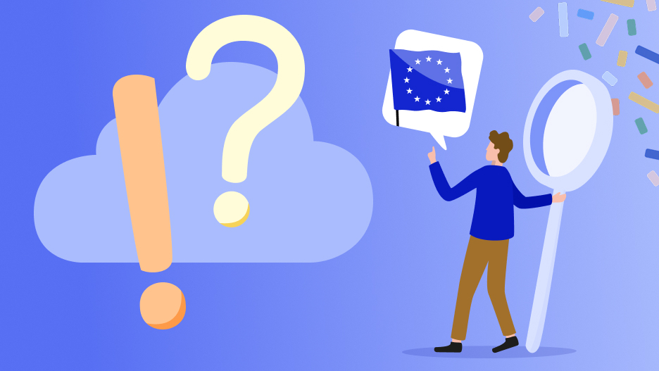 Illustration einer Person mit Europa Flagge vor einer Wolke mit Fragezeichen und Ausrufezeichen vor einem blauen Hintergrund