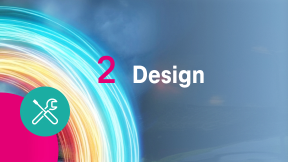 Graphic labeled “2. Design.” A colorful curved path runs through a sky with clouds. A tools icon marks the second step.
