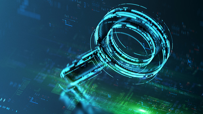 Digital magnifying glass over a futuristic data interface, symbolizing data analysis, IT search, and cybersecurity.