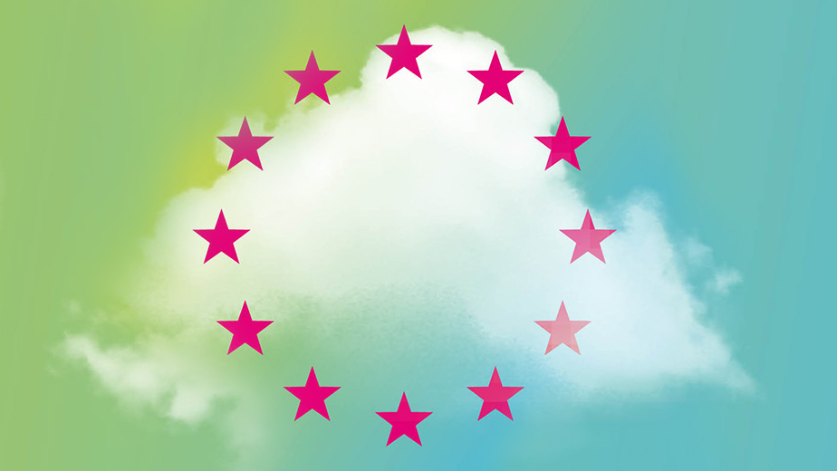 White cloud on a colorful gradient background (yellow, green, blue) with magenta stars arranged in a circle, inspired by the European flag.
