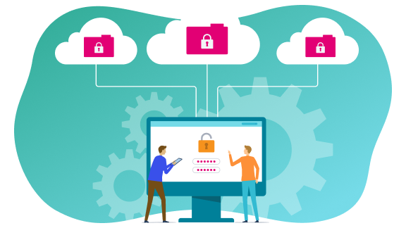 Illustration of several cloud icons with locks connected to a computer. The screen displays a lock and a login interface.