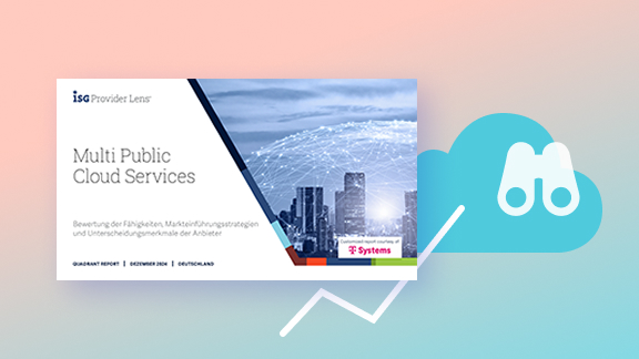 ISG Provider Lens Report Cloud Vergleich Darstellung des ISG Provider Lens Reports ‚Multi Public Cloud Services‘ vor blauem Hintergrund mit abstrahierten Cloud- und Netzwerk-Elementen