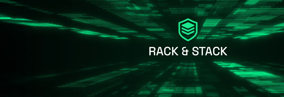 Futuristic dark tech background with green light reflections and the "Rack & Stack" logo