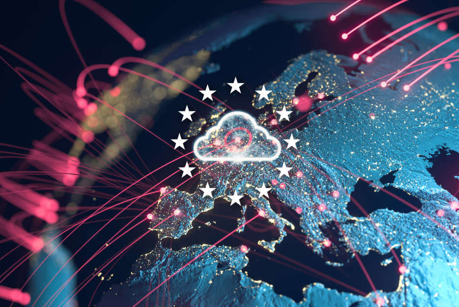 Cloud Technology for Europe—Secure, Connected, and High-Performance. A visualization of a cloud over a digitally rendered map of Europe, featuring glowing networks and data streams, symbolizing European cloud infrastructure and data networking.