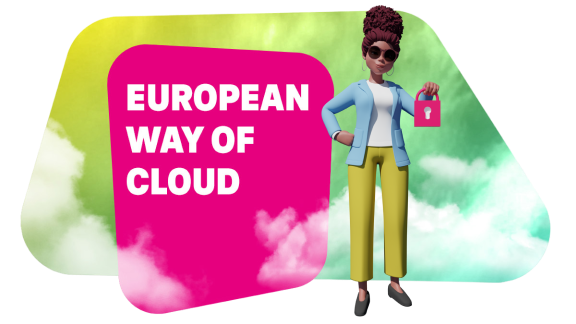 Whitepaper The European Way Illustration einer Figur mit Vorhängeschloss neben dem Schriftzug ‚European Way of Cloud‘ vor farbigem Wolkenhintergrund als Symbol für europäische Cloud-Souveränität und Sicherheit
