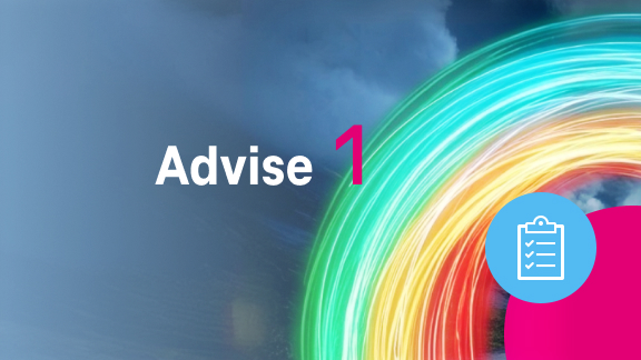 Graphic labeled “1. Advise.” A colorful curved path runs through a sky with clouds. A checklist icon marks the first step.