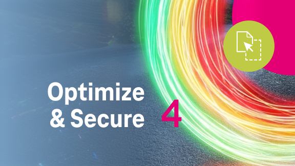 Graphic labeled “4. Optimize & Secure.” A colorful curved path runs through a sky with clouds. A shield icon marks the fourth step.