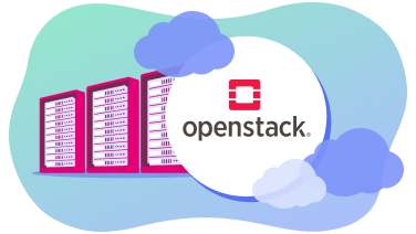 Illustration des OpenStack Logos umgeben von Wolken, daneben Serverracks