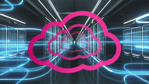 Data moving around the server room, with T Cloud Public logo in the foreground.