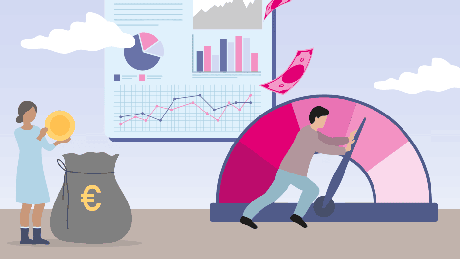 Cloud-Kostenoptimierung Eine Illustration mit zwei Personen, Geld, Diagrammen und Messanzeige.