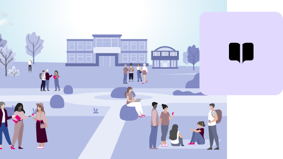Illustration of a campus setting with several people reading, talking, or using mobile devices. Buildings and trees can be seen in the background.