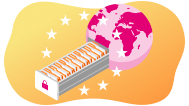 Illustration eines sicheren Datenschrankes umgeben von einer Weltkugel und Europa Sternen