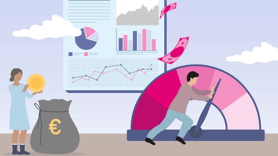 Cloud Cost Optimization An illustration with two people, money, diagrams, and a gauge.