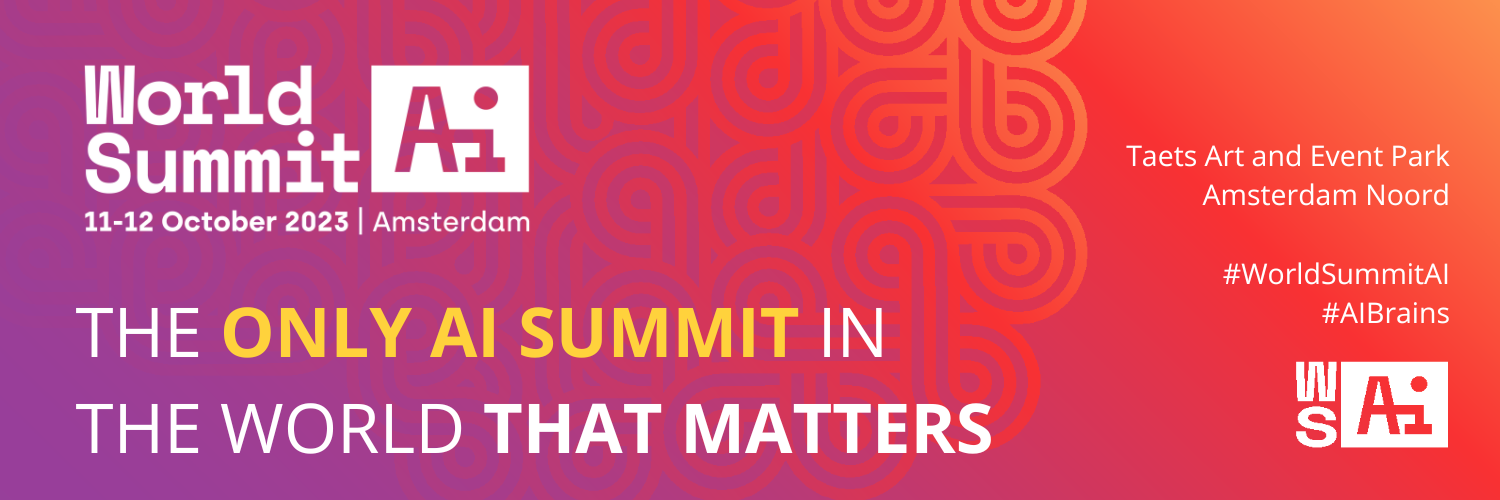Banner mit allen Informationen zum World Summit AI 2023: 11-12 Oktober 2023 im Teats Art und Event Park in Amsterdam Noord