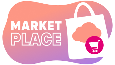 Grafik mit der Aufschrift „Marketplace“ und einer weißen Einkaufstasche. Darauf sind ein Cloud-Symbol und ein Einkaufswagen in Magenta abgebildet.